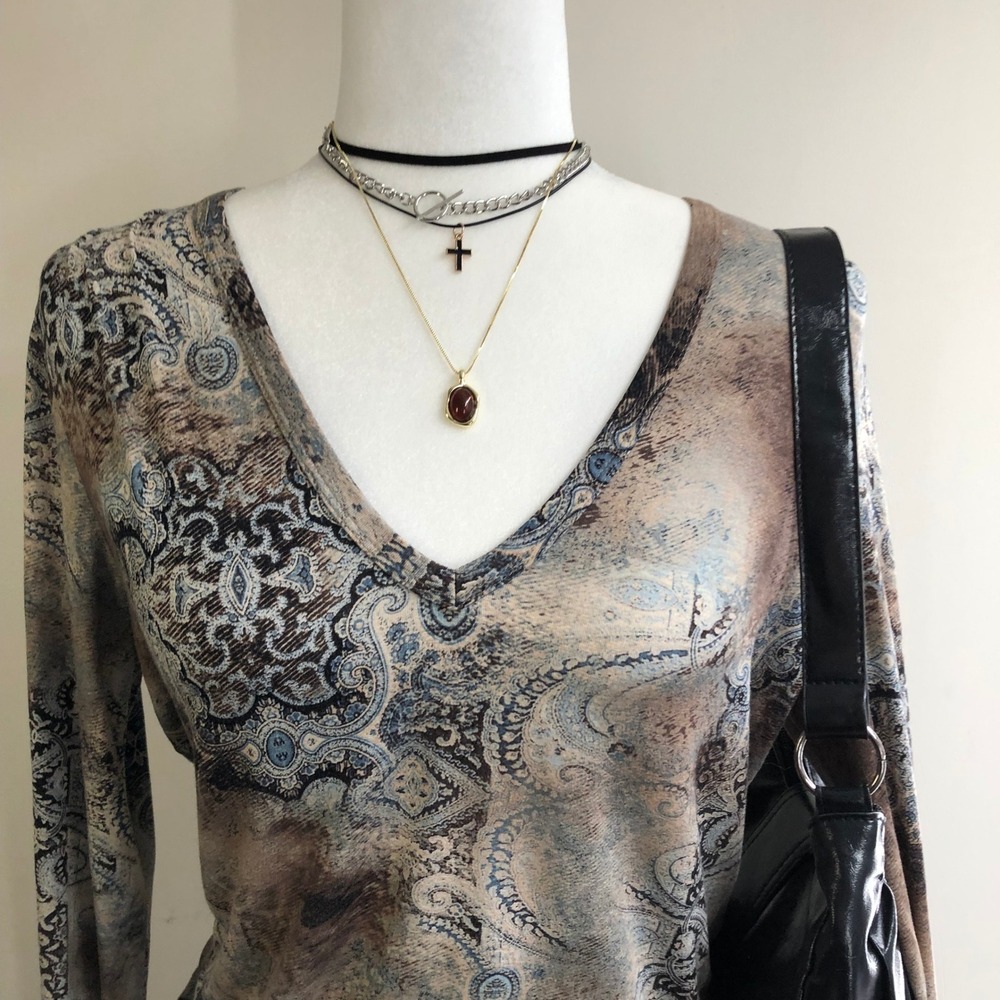 Vintage Y2K Tan Paisley V-Neck Long Sleeve Grunge Top Womens Large Fairy Boho - Picture 2 of 11